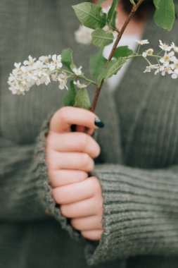 Yeşil kazaklı kız elinde bir bahar çiçeği tutuyor. Bahar