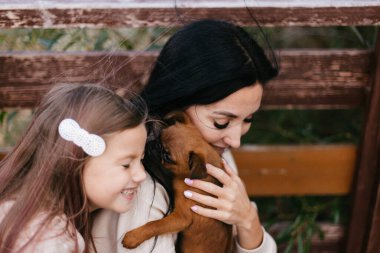 Sevimli anne ve kızı kucağında küçük bir köpek tutuyor.