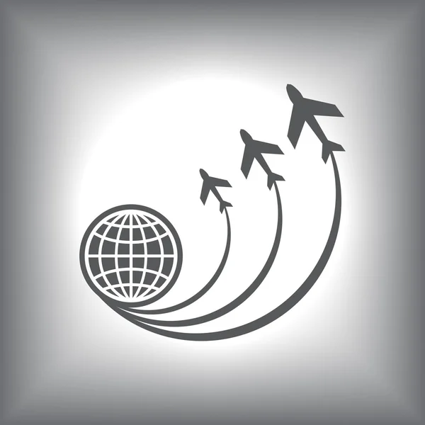 Viajar alrededor del mundo en el icono del avión — Vector de stock