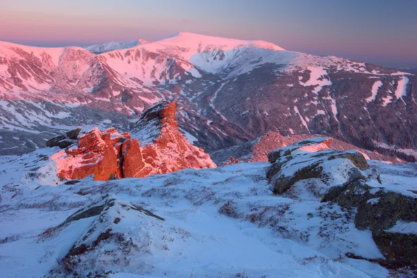 Kış Karpat Dağları; Rock ve bir sabah ışık — Stok fotoğraf