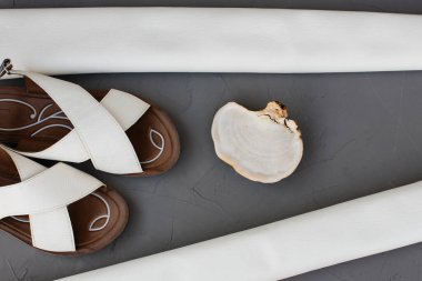 Mantar derisi kavramı - beyaz mantar, çevre dostu deri ve kadın sandalet ayakkabıları. Mantar miselyumundan deri alternatif biyo deri konsepti