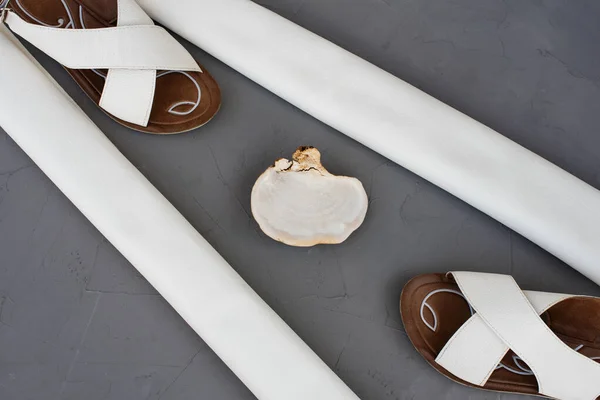 Concept Mushroom Leather White Mushroom Eco Friendly Leather Woman Sandal — Stock Photo, Image