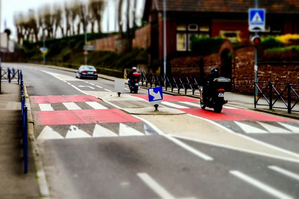 Pedestrian zebra across the street. Tilt shift view. — Stock Photo, Image