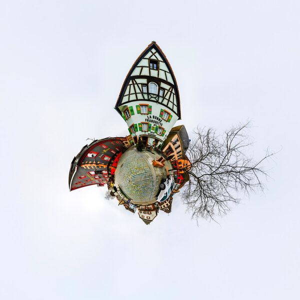 Funny street view of little french village. Curvature of space, 