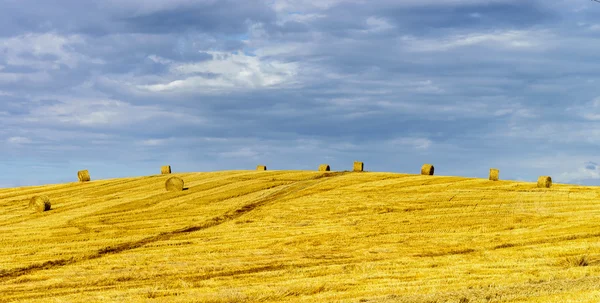 日没で干し草の山に美しい黄色の丘 — ストック写真