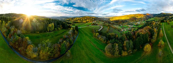 Drone Ergue Acima Vale Multicolorido Nos Vosges Amarelo Laranja Coroas — Fotografia de Stock