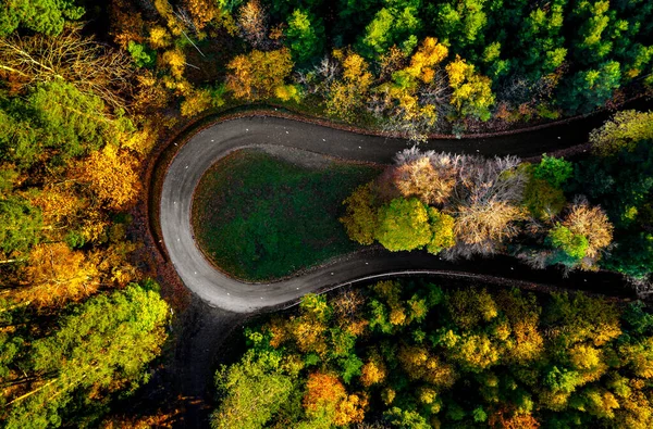 Zygzakowa Droga Otoczona Pomarańczowym Jesiennym Lasem Serpentyna Wspina Się Górach — Zdjęcie stockowe