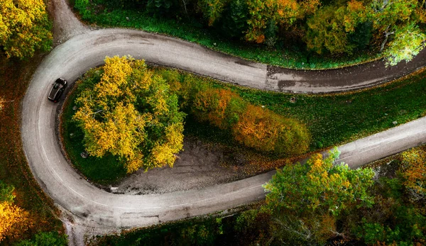 Estrada Zigzag Emoldurada Pela Floresta Outono Laranja Serpentina Sobe Montanhas — Fotografia de Stock