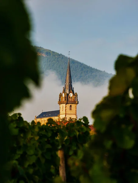 Klocktornet Gammal Kyrka Byn Bernardschwiller Alsace Morgonsol Naturens Och Arkitekturens — Stockfoto