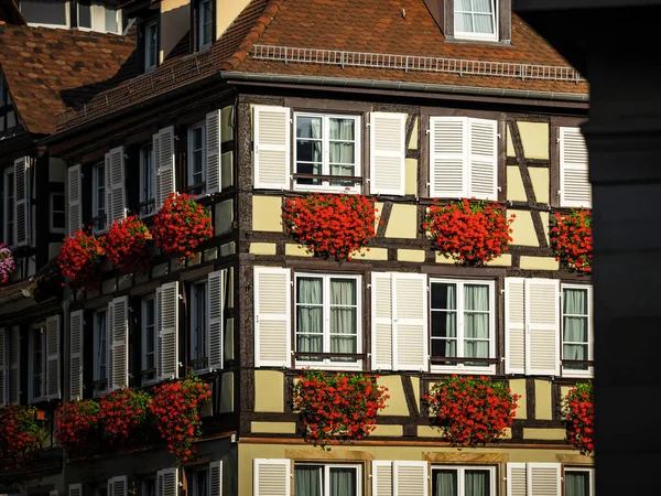 Fabulous Old Houses Center Strasbourg Fachwerk Decorating Each Window Flowers — Stock Photo, Image