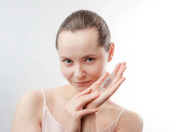 Beautiful Young Woman Clean Fresh Skin Showing Product Skin Care — Stock Photo, Image