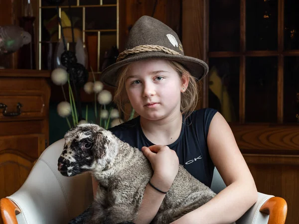 Girl Shepherd Hat Young Newborn Lamb Her Arms — Stock Photo, Image