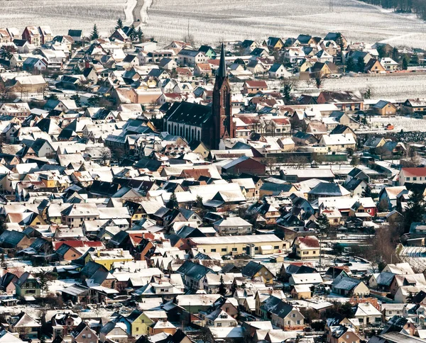 Panoramic Drone View Snow Covered Vineyards Rhine Valley Vosges Mountains — Stock Photo, Image