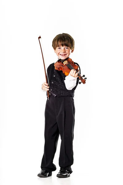 Menino pré-escolar de cabelos vermelhos com violino — Fotografia de Stock