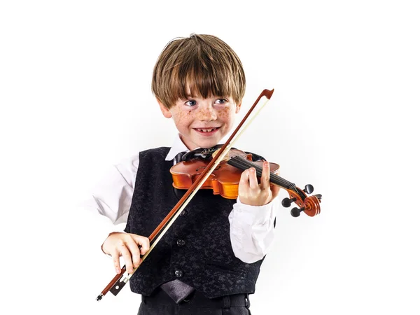 Menino pré-escolar de cabelos vermelhos com violino — Fotografia de Stock