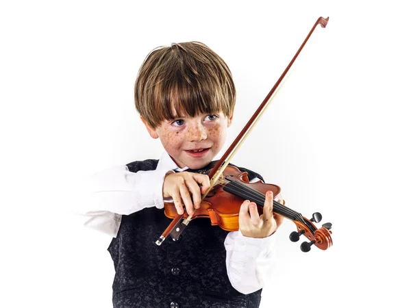 Rothaariger Vorschuljunge mit Geige — Stockfoto