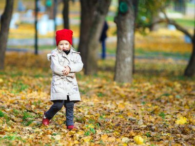 Sevimli küçük kız oyun sonbahar Park üzerinde