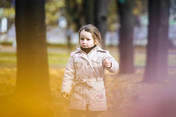 Söt liten flicka på lekplatsen i höstlig park — Stockfoto