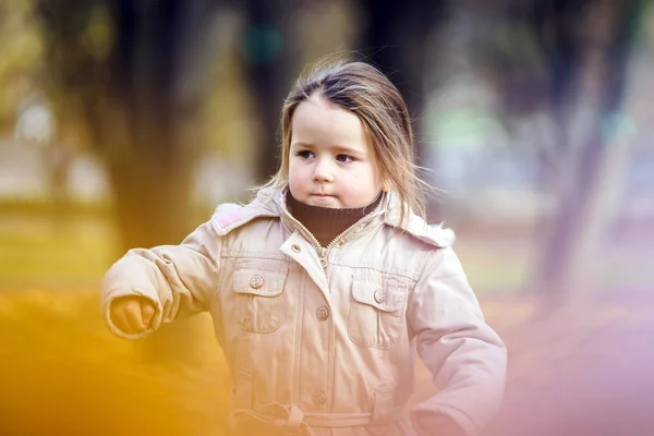 Söt liten flicka på lekplatsen i höstlig park — Stockfoto