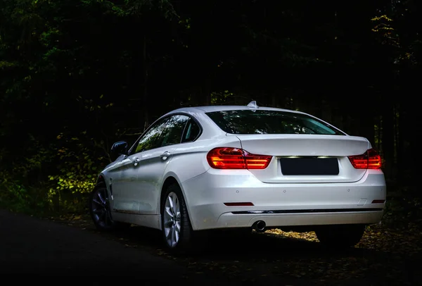 Lüks beyaz araba karanlık ormanın içinde — Stok fotoğraf