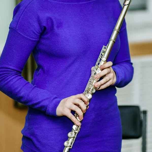 School girl with transversal flute — Stock Photo, Image