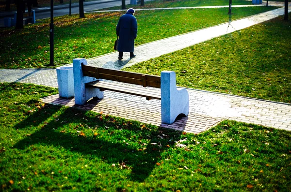 Banco individual en parque otoñal de la ciudad — Foto de Stock