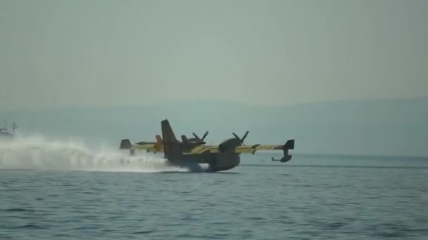 Пожарный самолет получает воду из моря — стоковое видео