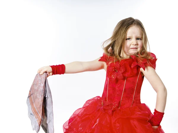Young cinderella dressed in red with dirty cloth — Stock Photo, Image