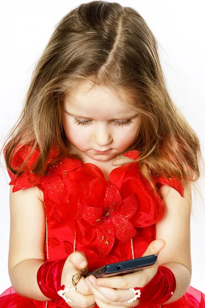 Schattige kleine ballerina gekleed in het rood het nemen van een foto selfie — Stockfoto