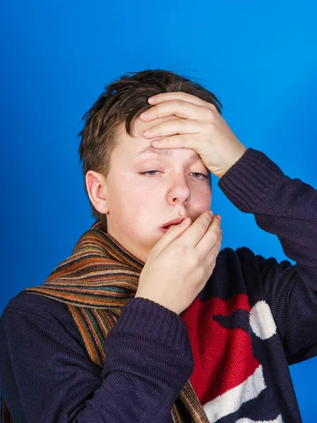 Caucasian ill boy dressed with neckscarf — Stock Photo, Image