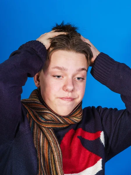 Caucasian ill boy dressed with neckscarf — Stock Photo, Image