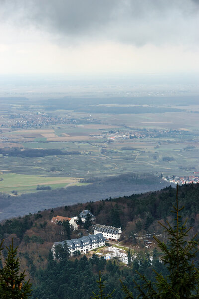 Bird-fly Alsace view from Mont Sainte-Odile abbey, spring