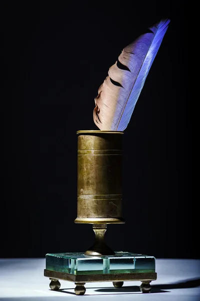 Винтажный чернильница с гусиным пером внутри — стоковое фото