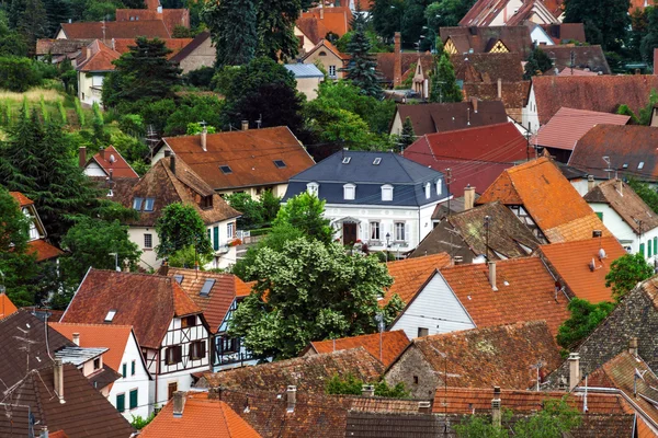 Bird-fly overview to small village in Alsace — Stock Photo, Image