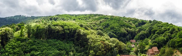 Wide panoramic bird-fly view. Alsace hills. — Stock Photo, Image