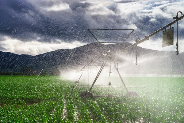 Auto irrigation systems on french rural fields. Agricultural con — Stok fotoğraf