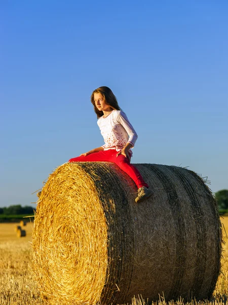 Adolescente com cabelos longos posando no campo de verão, campo — Fotografia de Stock