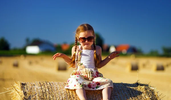 Petite fille mignonne avec des lunettes de soleil posant sur la botte de foin — Photo