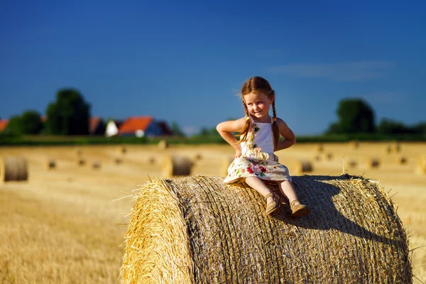 Petite fille mignonne drôle posant sur la meule de foin dans le champ d'été — Photo