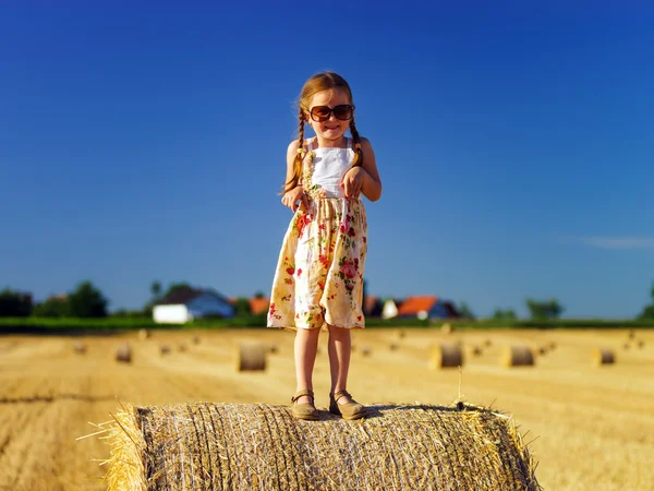 Petite fille mignonne avec des lunettes de soleil posant sur la botte de foin — Photo
