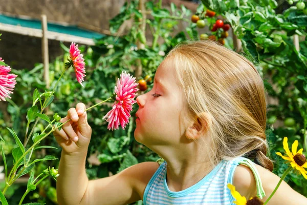 Söta förskolebarn flicka stående med blommor — Stockfoto