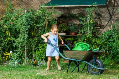 Cute little girl gardening in the backyard clipart
