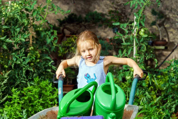 Schattig klein meisje tuinieren in de achtertuin — Stockfoto