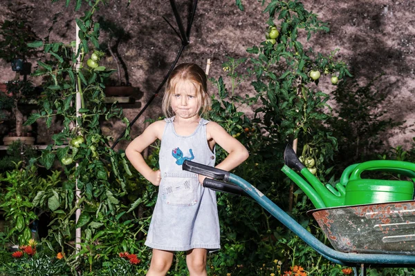 Graziosa bambina giardinaggio nel cortile — Foto Stock