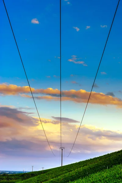 Three electric wire over green hill — Stock Photo, Image