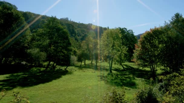 Paprsky slunce nad zelené pole, venkov, Francie, příroda koncepce — Stock video