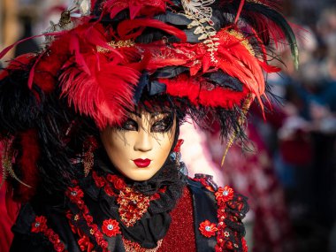 Alsace, Rosheim köyündeki Venedik Karnavalı. Çarpıcı maskeler ve kostümler. Fransa