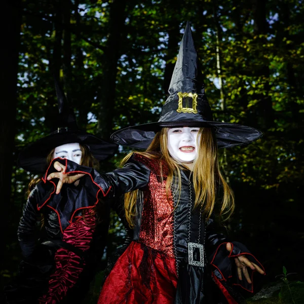 Menina na floresta vestida traje de bruxa Halloween — Fotografia de Stock