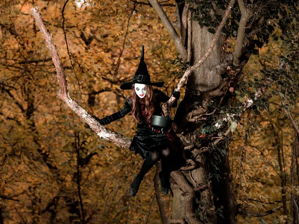 十几岁的女孩穿着女巫服装坐在树上 — 图库照片