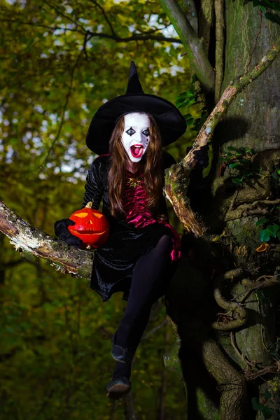 十几岁的女孩穿着女巫服装坐在树上 — 图库照片